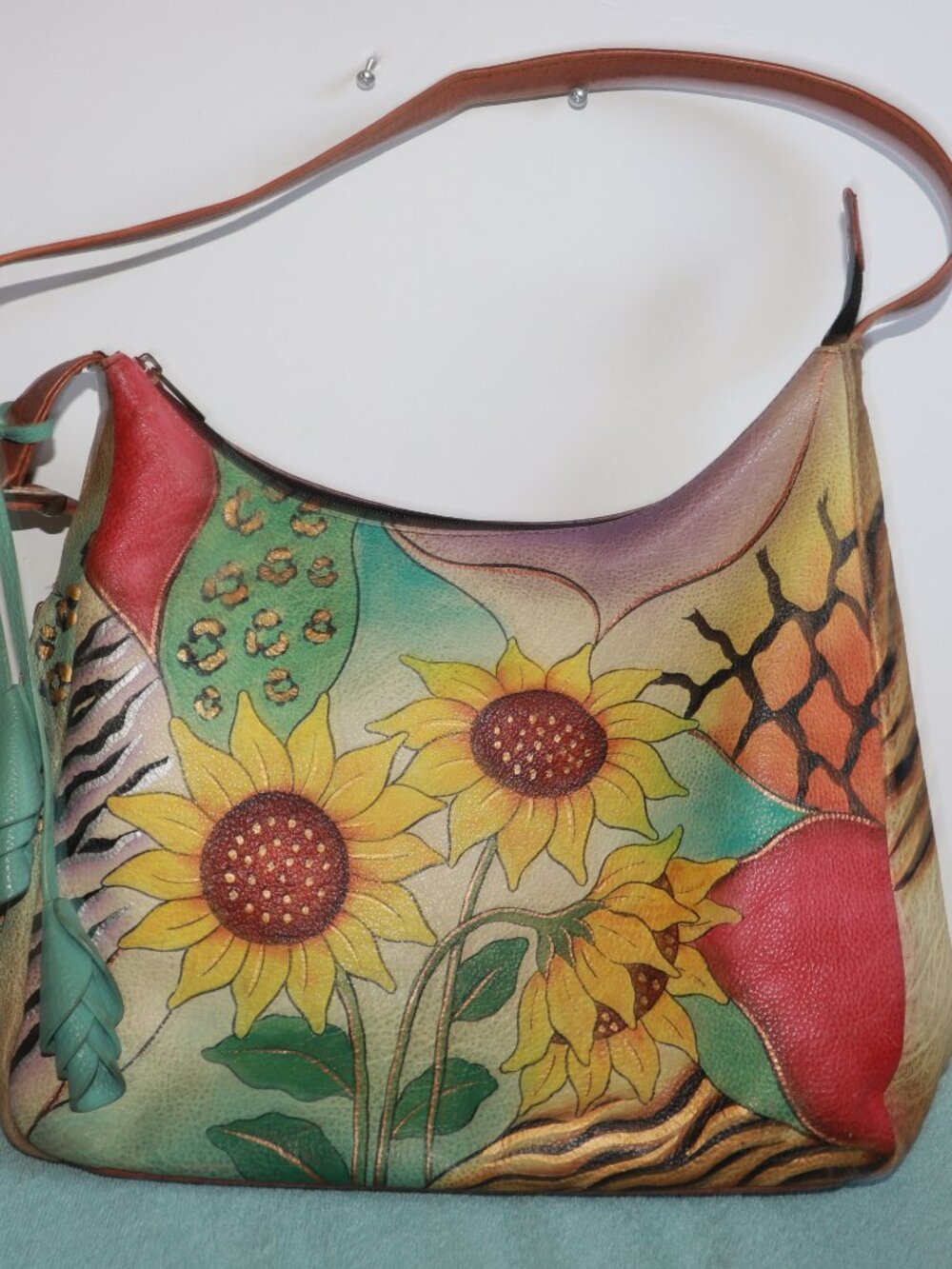 Anuschka Hand Painted Sunflower Zip-Top Shoulder Handbag Crossbody